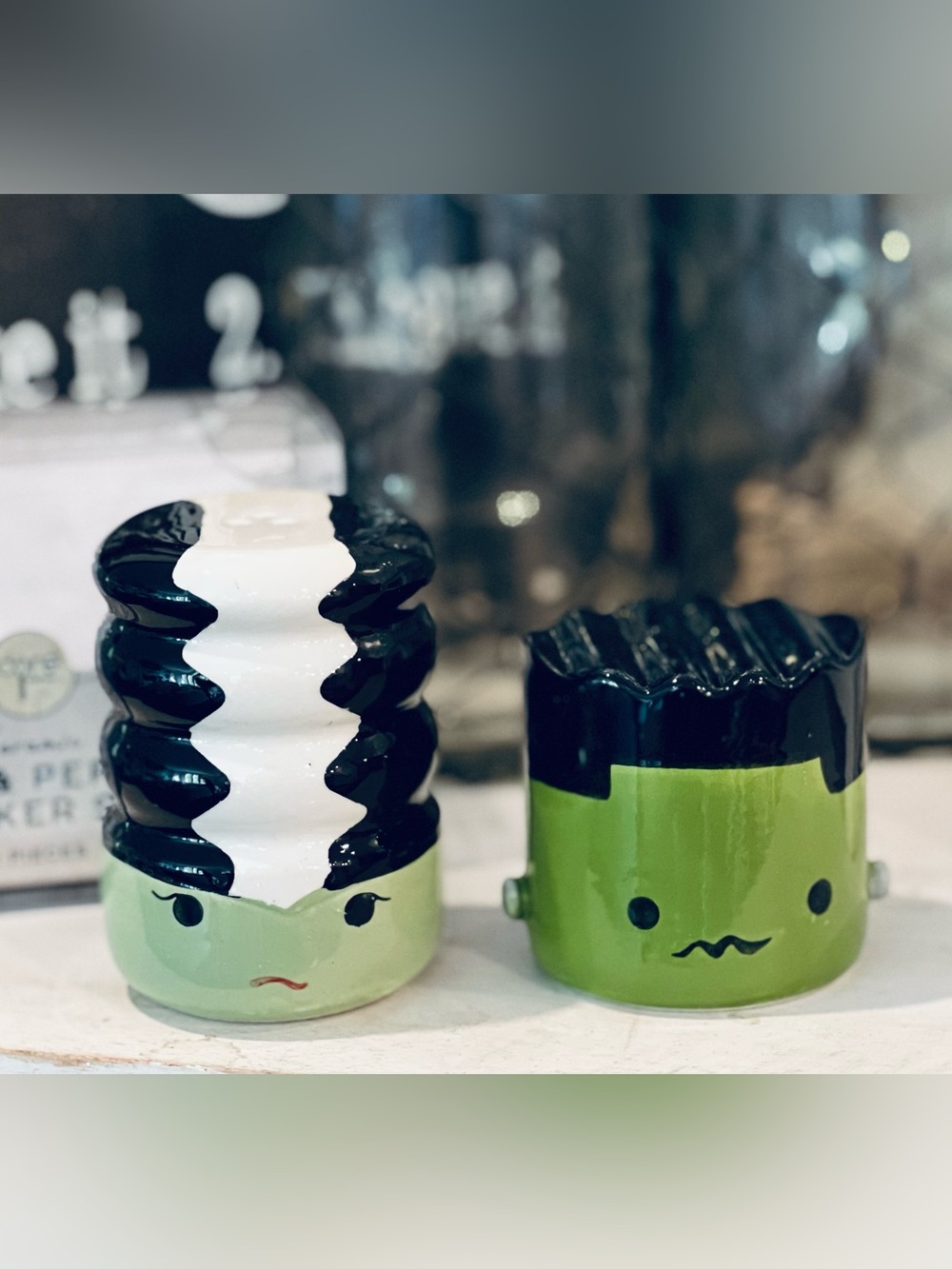 Frankenstein & Bride Salt & Pepper shaker set Halloween spook ceramic NWT
